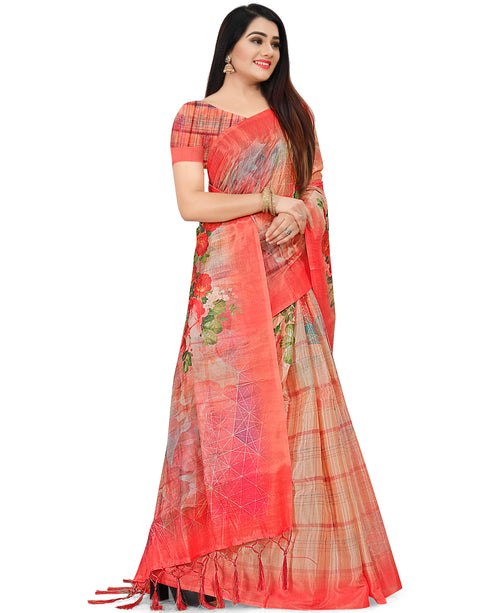 Peach Cotton Silk Printed Traditional Saree With Blouse Piece