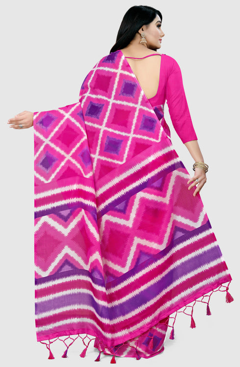 Pink And Purple Kota Doria Cotton Printed Traditional Saree With Blouse Piece