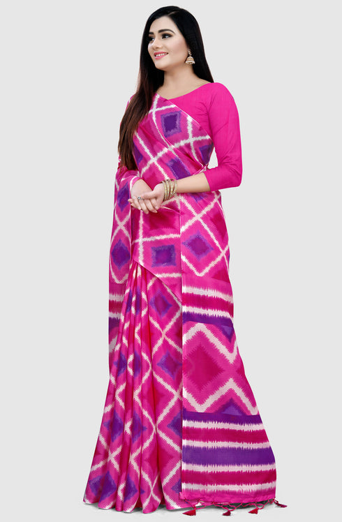 Pink And Purple Kota Doria Cotton Printed Traditional Saree With Blouse Piece