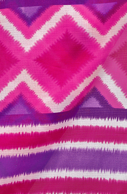 Pink And Purple Kota Doria Cotton Printed Traditional Saree With Blouse Piece