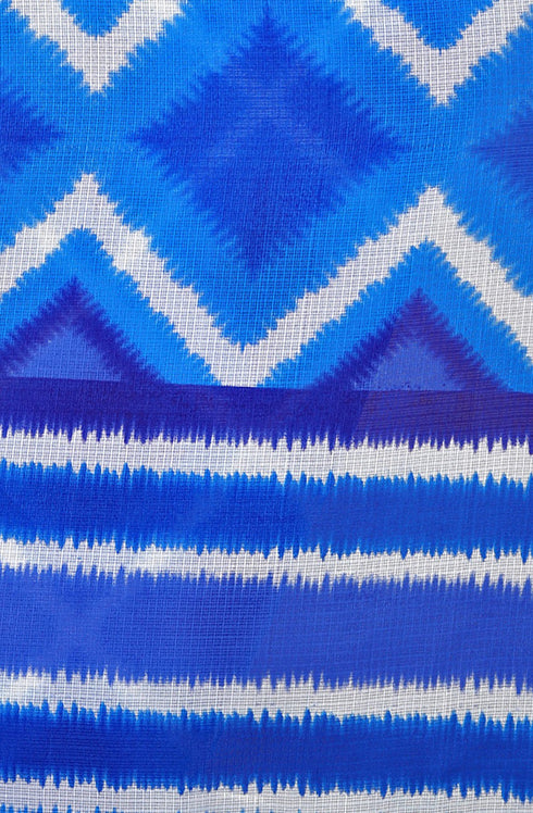 Blue Kota Doria Cotton Printed Traditional Saree With Blouse Piece