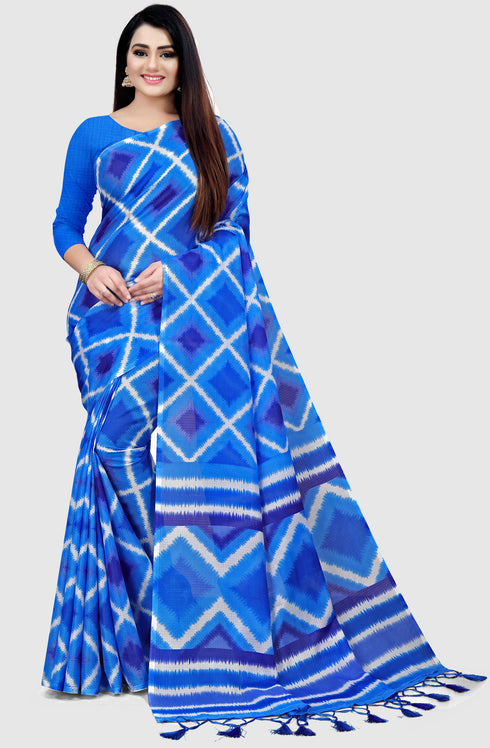 Blue Kota Doria Cotton Printed Traditional Saree With Blouse Piece