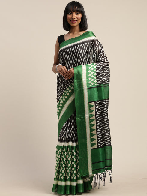 Green And Black Silk Printed Traditional Saree With Blouse Piece