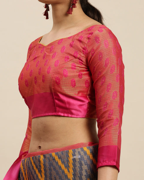 Blue And Pink Kota Silk Jamdani Printed Traditional Saree With Blouse Piece