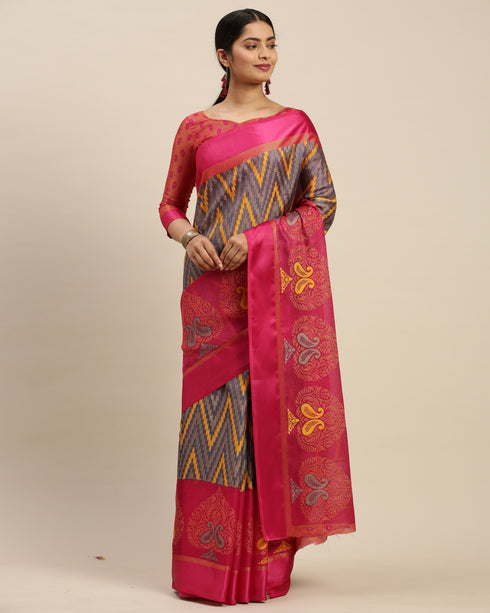 Blue And Pink Kota Silk Jamdani Printed Traditional Saree With Blouse Piece