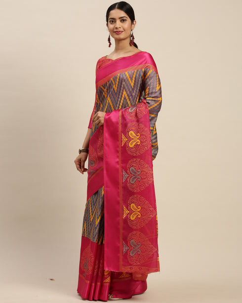 Blue And Pink Kota Silk Jamdani Printed Traditional Saree With Blouse Piece