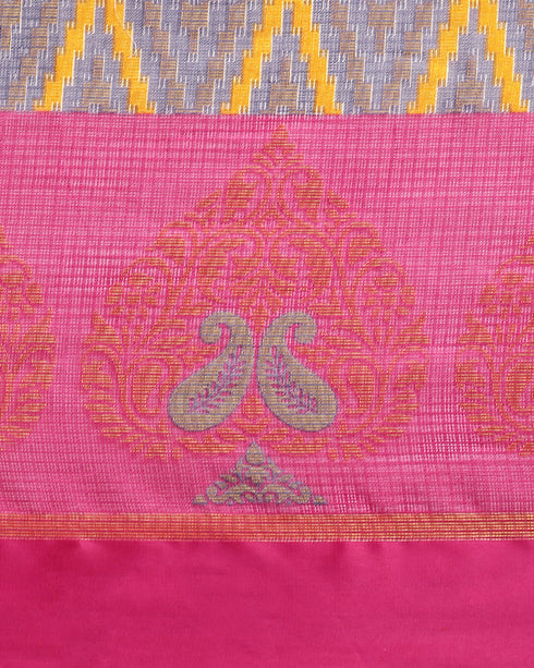 Blue And Pink Kota Silk Jamdani Printed Traditional Saree With Blouse Piece