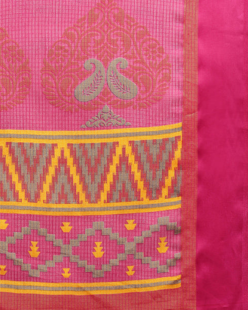 Blue And Pink Kota Silk Jamdani Printed Traditional Saree With Blouse Piece