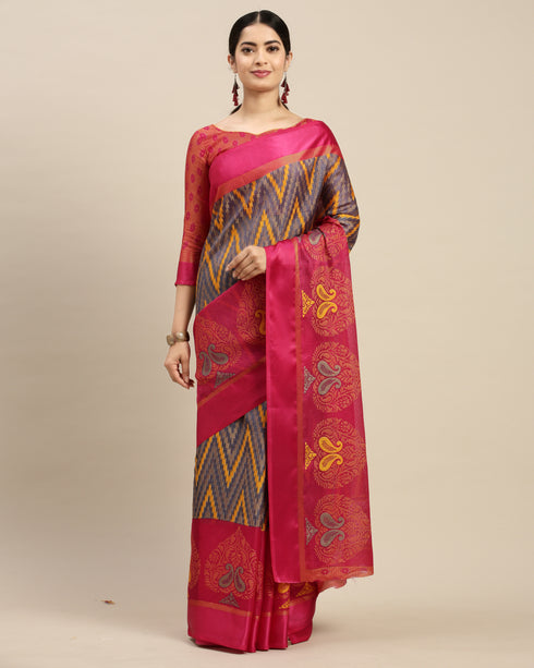 Blue And Pink Kota Silk Jamdani Printed Traditional Saree With Blouse Piece