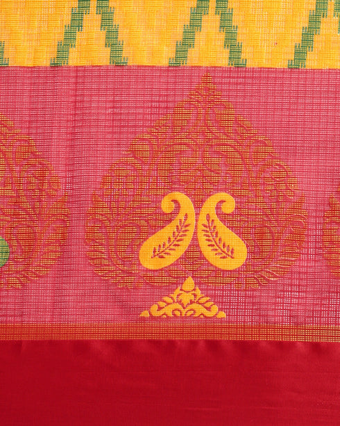 Yellow And Red Kota Silk Jamdani Printed Traditional Saree With Blouse Piece