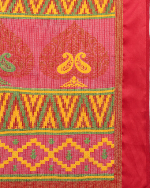 Yellow And Red Kota Silk Jamdani Printed Traditional Saree With Blouse Piece
