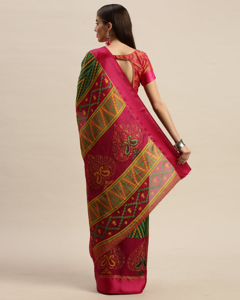 Green And Magenta Kota Silk Jamdani Printed Traditional Saree With Blouse Piece