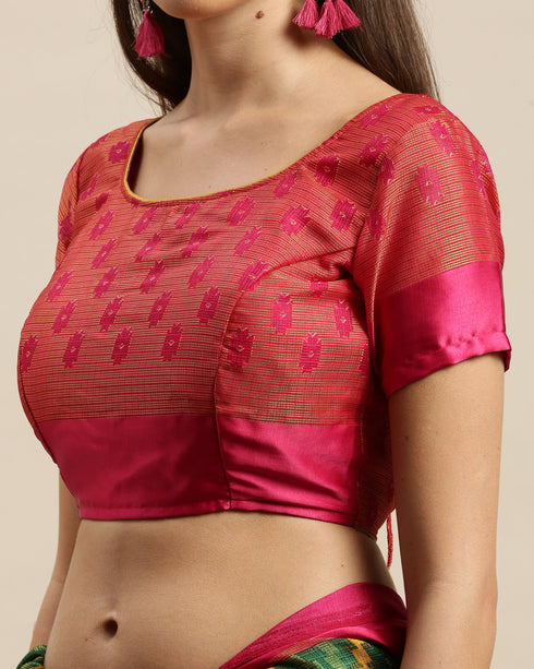 Green And Magenta Kota Silk Jamdani Printed Traditional Saree With Blouse Piece