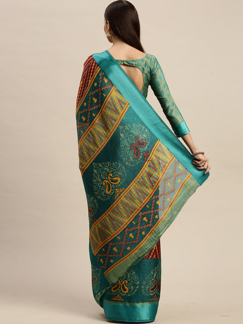 Wine And Green Kota Silk Jamdani Printed Traditional Saree With Blouse Piece