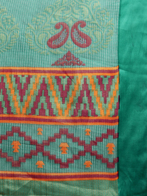 Wine And Green Kota Silk Jamdani Printed Traditional Saree With Blouse Piece