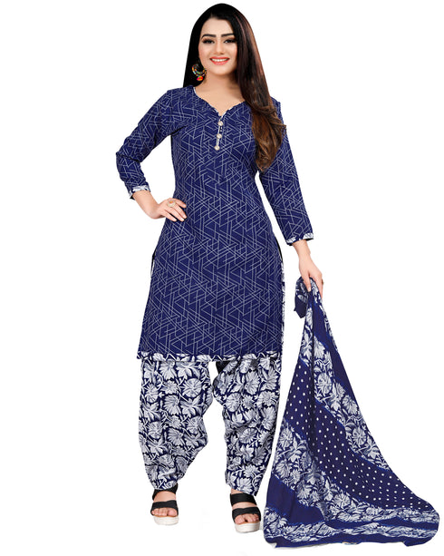 Blue Cotton Blend Printed Unstitched Salwar Suit Material