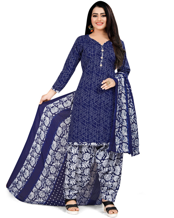 Blue Cotton Blend Printed Unstitched Salwar Suit Material