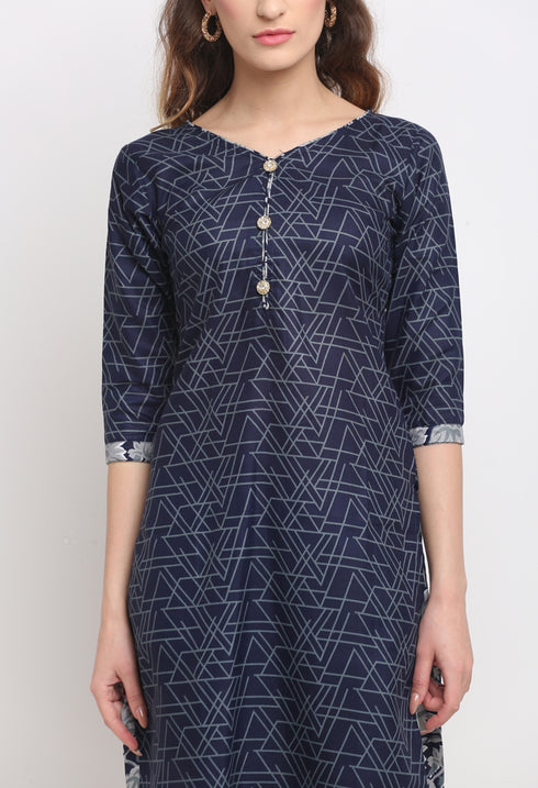 Blue Polyester Cotton Printed Salwar Suit with Dupatta