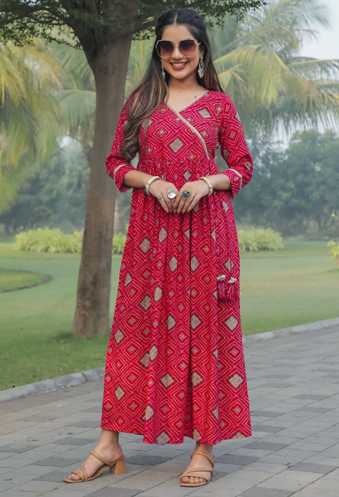 Pink Rayon Printed Anarkali Bandhani Gown