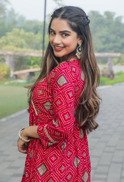 Pink Rayon Printed Anarkali Bandhani Gown