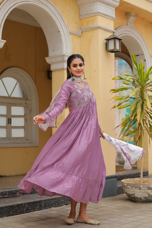Women's Light Purple Poly Silk Embroidered Anarkali Kurta With Dupatta