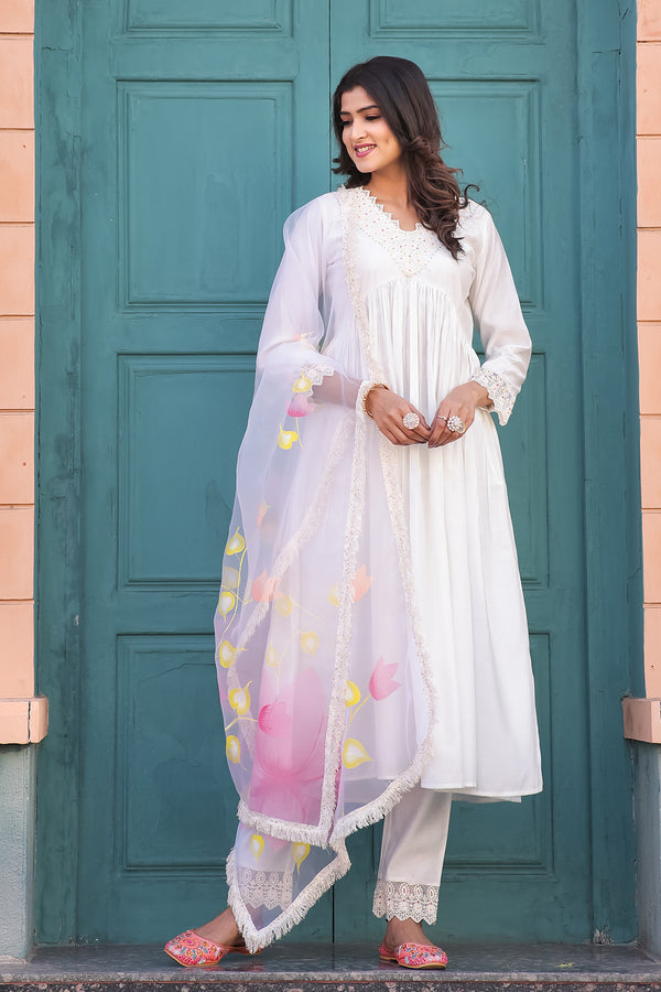 White Poly Silk Embroidered Alia cut Kurta & Pant With Dupatta
