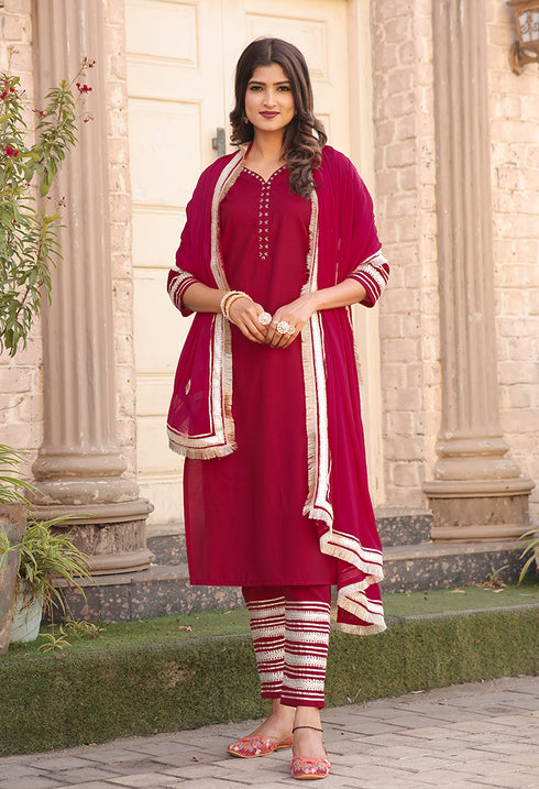 Pink Poly Silk Solid Kurta Set With Dupatta