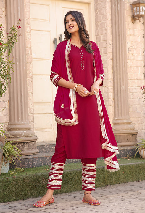 Pink Poly Silk Solid Kurta Set With Dupatta