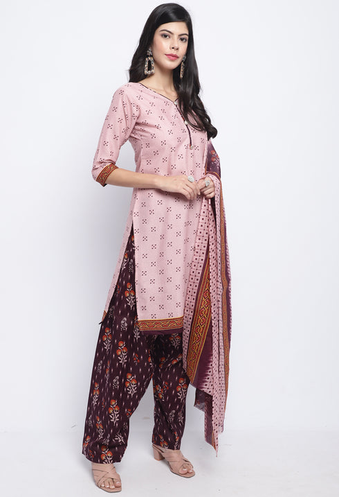 Dusty Pink Polyester Cotton Printed Salwar Suit with Dupatta