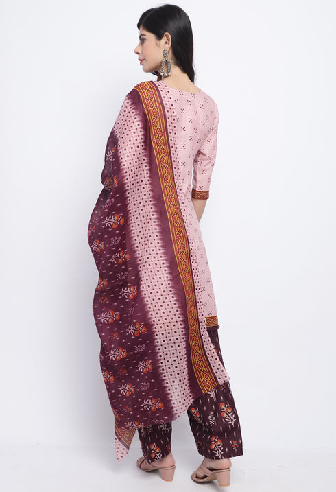 Dusty Pink Polyester Cotton Printed Salwar Suit with Dupatta