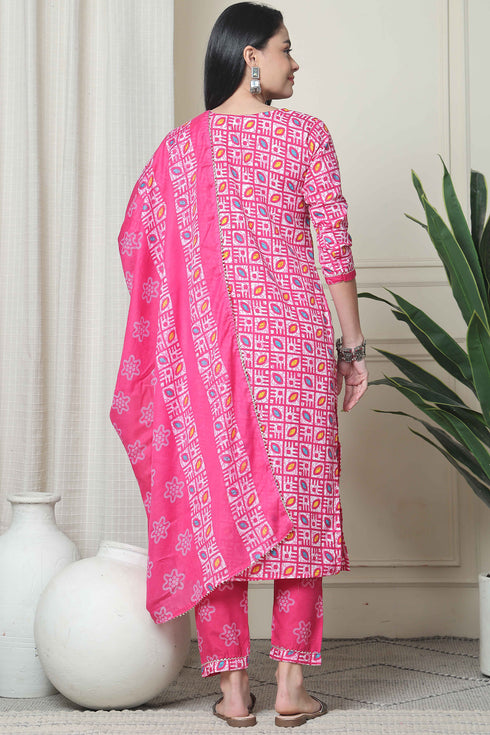 Pink Cotton Blend Jaipuri Printed Kurta With Pant & Dupatta