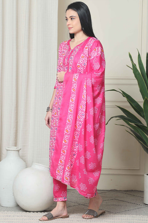 Pink Cotton Blend Jaipuri Printed Kurta With Pant & Dupatta