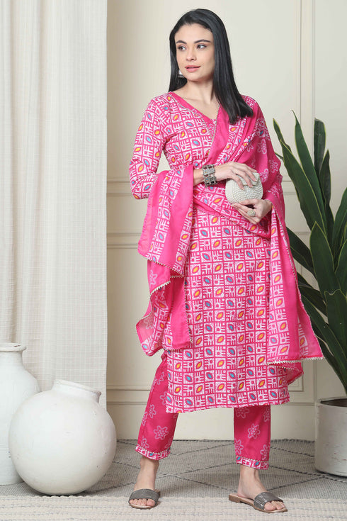 Pink Cotton Blend Jaipuri Printed Kurta With Pant & Dupatta