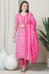 Pink Cotton Blend Jaipuri Printed Kurta With Pant & Dupatta
