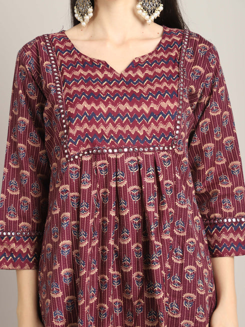 Women's Wine & Beige Cotton Blend Embroidered A-Line Kurta & Pant With Dupatta