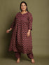 Wine & Beige Cotton Blend Jaipuri Printed Plus Size Kurta & Pant With Dupatta