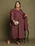 Wine & Beige Cotton Blend Jaipuri Printed Plus Size Kurta & Pant With Dupatta