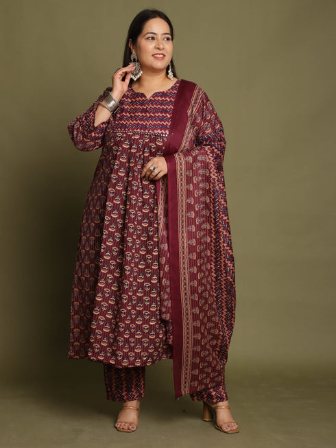 Wine & Beige Cotton Blend Jaipuri Printed Plus Size Kurta & Pant With Dupatta