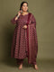 Wine & Beige Cotton Blend Jaipuri Printed Plus Size Kurta & Pant With Dupatta