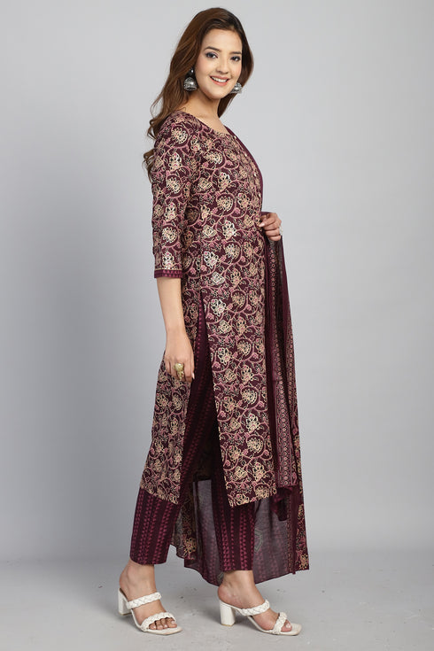 Wine & Beige Cotton Blend Embroidered Straight Kurta & Pant With Dupatta