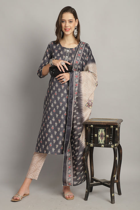 Grey Cotton Embroidered Straight Kurta & Pant With Dupatta