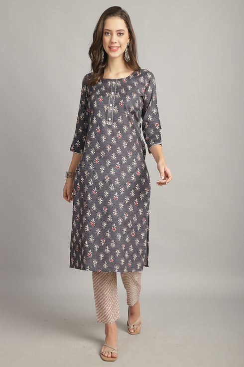 Grey Cotton Embroidered Straight Kurta & Pant With Dupatta