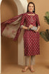 Wine Cotton Embroidered Straight Kurta & Pant With Dupatta