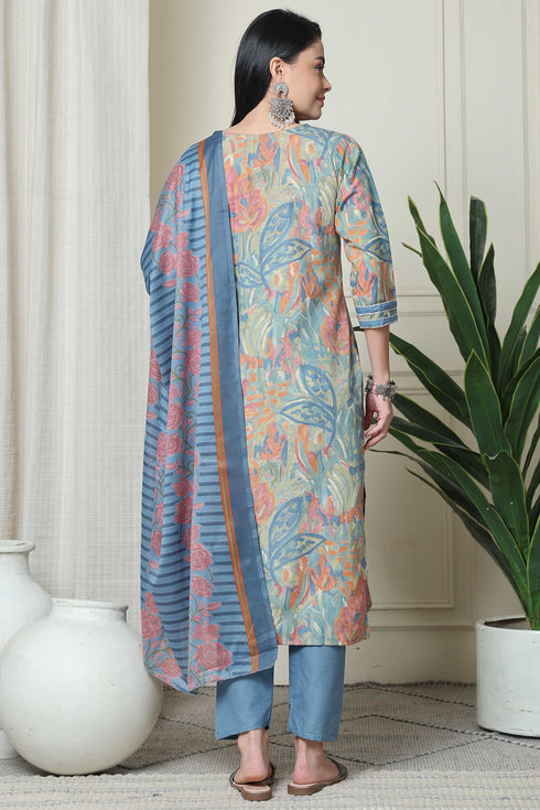 Multicolor Women Cotton Blend Floral Printed Kurta & Pant With Dupatta