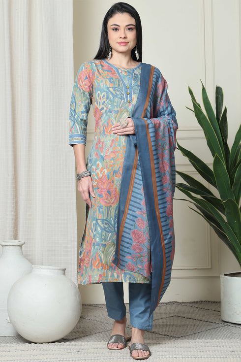 Multicolor Women Cotton Blend Floral Printed Kurta & Pant With Dupatta
