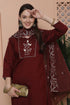 Maroon Poly Silk Embroidered Straight Kurta & Pant With Dupatta