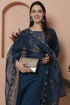 Teal Blue Poly Silk Embroidered Straight Kurta & Pant With Dupatta