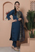 Teal Blue Poly Silk Embroidered Straight Kurta & Pant With Dupatta