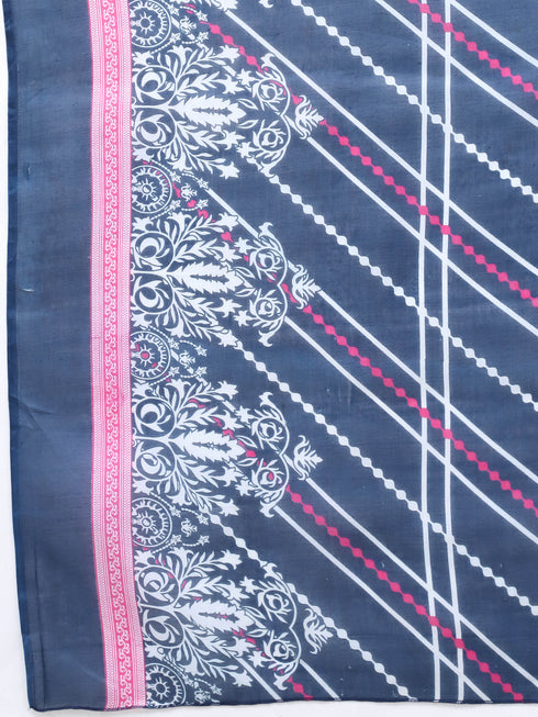 Navy Blue Women Cotton Blend Floral Printed Kurta & Pant With Dupatta