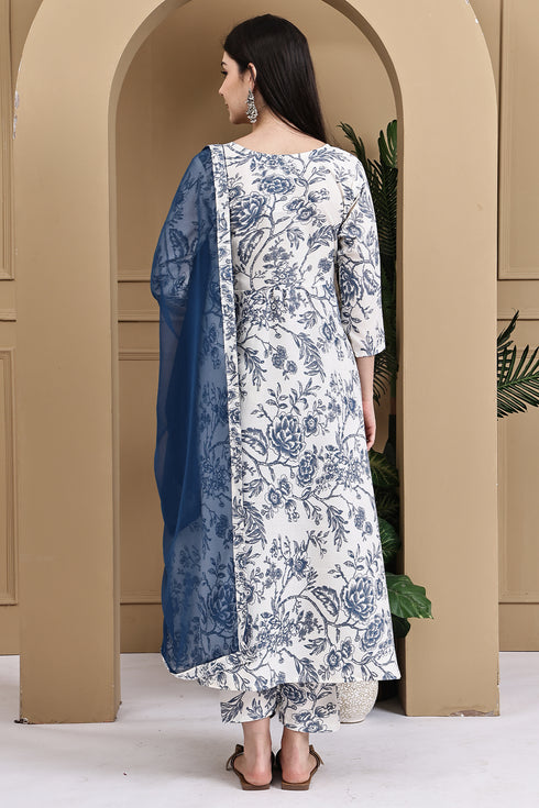 Off White & Blue Cotton Floral Printed Kurta & Pant With Dupatta